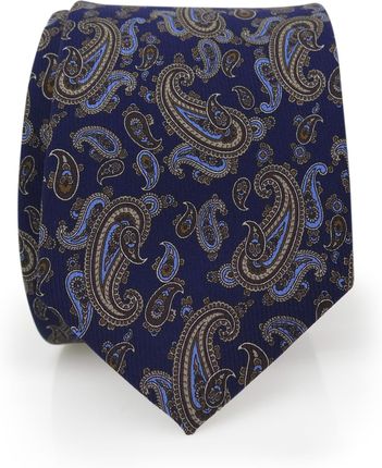 Granatowy ręcznie szyty jedwabny krawat we wzór -  beżowy paisley R79