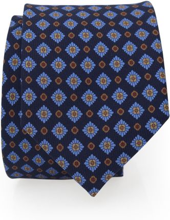 Granatowy ręcznie szyty jedwabny krawat w geometryczny wzór kwiatki R80