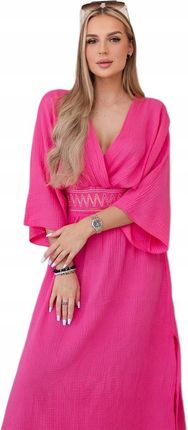 Sukienka muślinowa z haftem w talii różowa