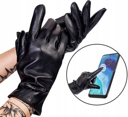 Ocieplane rękawiczki damskie ze skóry naturalnej z kokardką - Rovicky XL