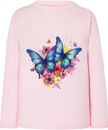 Koszulka dziewczęca z długim rękawem i nadrukiem motyli różowa
