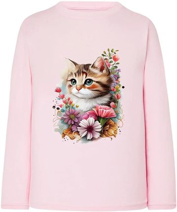 Koszulka dziewczęca z długim rękawem i kotkiem różowa