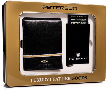 Zestaw prezentowy: czarny skórzany portfel męski i etui na karty — Peterson
