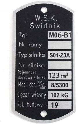 Moto Impex Tabliczka Znamionowa Na Ramę Motocykla Wsk Świdnik 8711