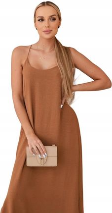 Sukienka długa na ramiączka camelowa