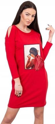 Sukienka z grafiką i kokardą w grochy 3D czerwona