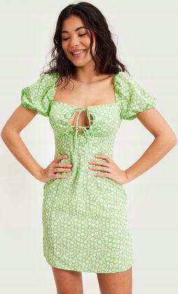 Glamorous cwf Mini Zielona Wiązanie Sukienka Kwiaty Xs NG5