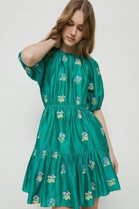 Warehouse maq haft krótki sukienka bufki zielona falbana rękaw mini XL NI1