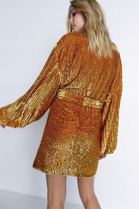Warehouse qtg Mini Sukienka Połysk Wiązanie Złota Cekinowa XL NI1