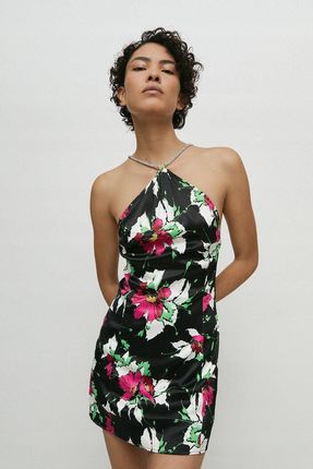 Warehouse Satynowa Mini Sukienka Bez Rękawów Kwiaty Wzór Połysk Q1N NI1__L