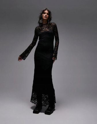 Topshop Czarna Koronkowa Maxi Sukienka Długi Rękaw 5A7 NH8__S
