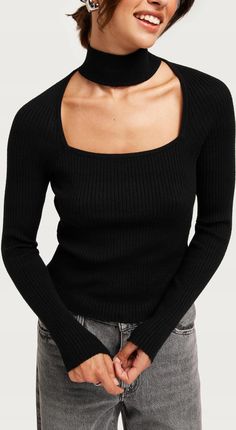 Vero Moda Czarny Dopasowany Sweter Prążki Choker Na Szyję 1GQ NG5__XS