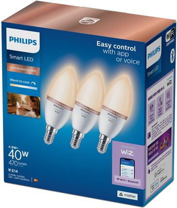 Philips Smart LED Żarówka E14 C37 4,9 W (40 W), zimna - ciepła biel, 3 szt. (929002448736)
