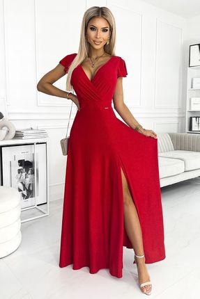 Połyskująca długa brokatowa suknia z kopertowym dekoltem Czerwona