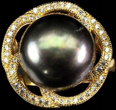 Songea Pierścionek piękny naturalna czarna perła cyrkonie r 17