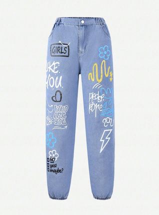 Shein Niebieskie Spodnie Jeans Napisy Pud NI3__164