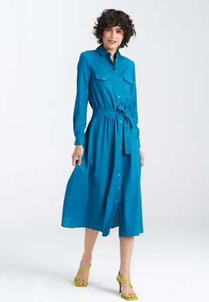 Sukienka lniana, zapinana na napy - niebieski - S241 (kolor niebieski, rozmiar 36)
