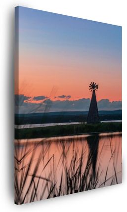 Marka Niezdefiniowana Obraz na płótnie Wiatrak Niebo Natura Zachód Słońca Jezioro Trawa 80x100