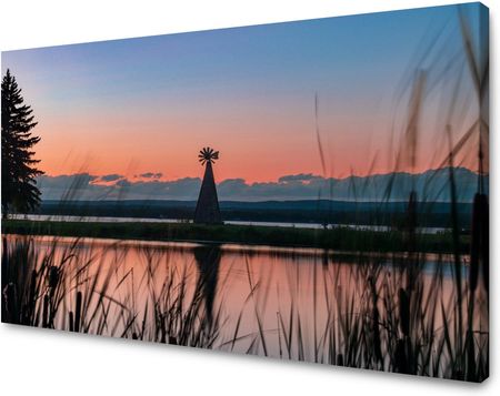 Marka Niezdefiniowana Obraz na płótnie Wiatrak Niebo Natura Zachód Słońca Jezioro Trawa 40x30