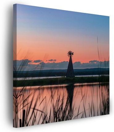 Marka Niezdefiniowana Obraz na płótnie Wiatrak Niebo Natura Zachód Słońca Jezioro Trawa 50x50