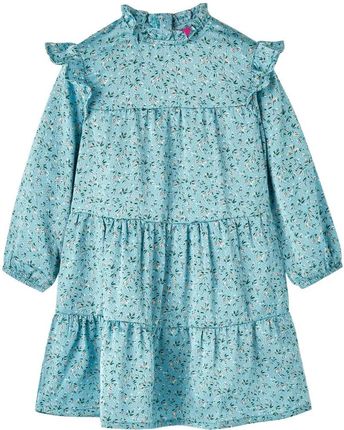 Dziecięca sukienka dług. ręk. falbany, niebieski, 128 (7-8 lat)