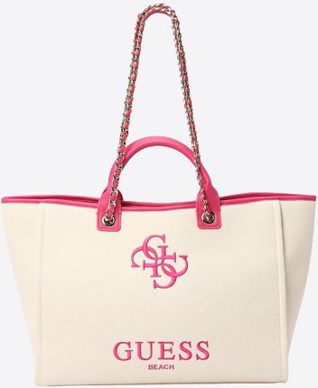 Guess duża torba plażowa beżowa z różowym z logo