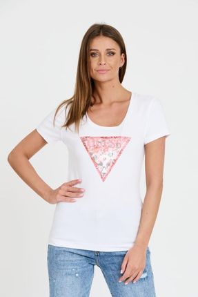 GUESS Biały t-shirt Satin Triangle Tee