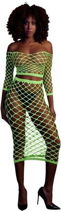 Fluorescencyjny, świecący, dwucześciowy kostium - krótki top z długim rękawem + długa sukienka, neonowa zieleń rozmiar XS/XL