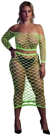 Fluorescencyjny, świecący, dwucześciowy kostium - krótki top z długim rękawem + długa sukienka, neonowa zieleń rozmiar XL/XXXXL