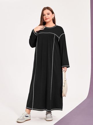 Shein Czarna Sukienka Długi Rękaw Kontrastowe Szwy GF3 NI3__46
