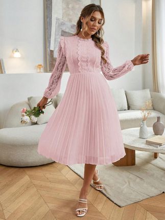 Shein Różowa Plisowana Sukienka Z Koronkową Górą L 85375