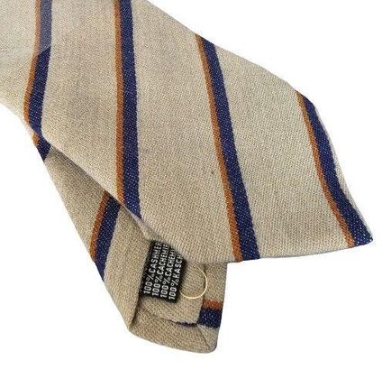 Włoski kaszmirowy krawat beżowy w granatowe pasy - 3 fold | made in Italy Como