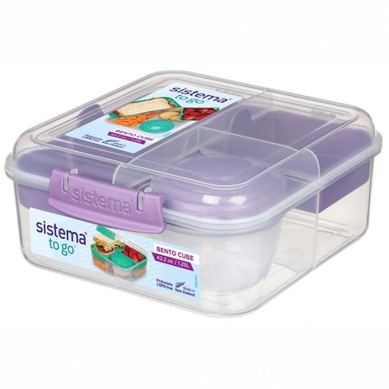 Sistema To Go Bento Cube 1,25L Lunch Box Śniadaniówka Plastikowa Trzykomorowa Z Pojemnikiem Na Sos (21685Fioletowy)