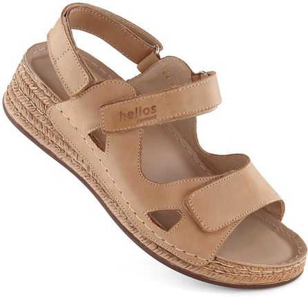 Skórzane komfortowe sandały damskie na koturnie jasno brązowe Helios 138.07
