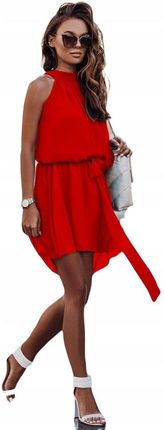 Szyfonowa sukienka z dekoltem halter czerwony S/m