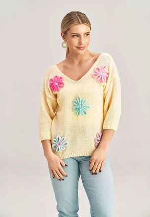 Uroczy sweter z kwiatową aplikacją (Żółty, Uniwersalny)