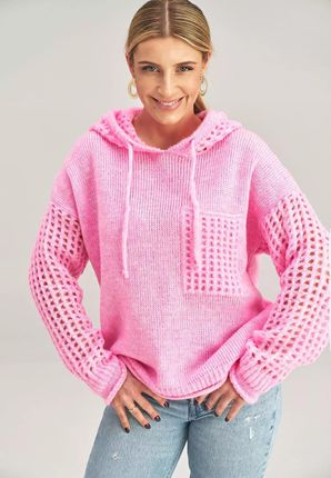 Sweter z kapturem i ażurowymi elementami (Różowy, Uniwersalny)