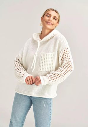 Sweter z kapturem i ażurowymi elementami (Ecru, Uniwersalny)