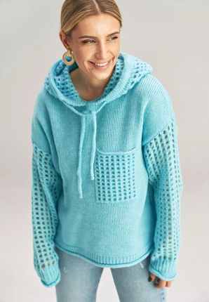 Sweter z kapturem i ażurowymi elementami (Błękitny, Uniwersalny)