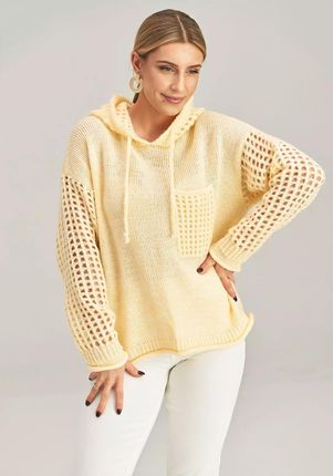 Sweter z kapturem i ażurowymi elementami (Żółty, Uniwersalny)