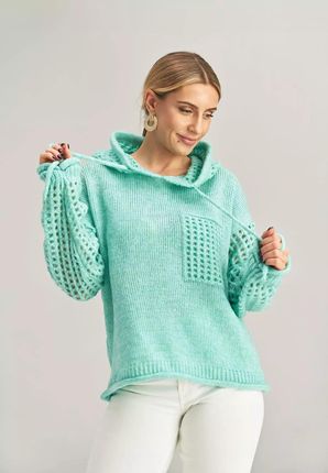 Sweter z kapturem i ażurowymi elementami (Miętowy, Uniwersalny)