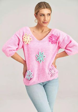 Uroczy sweter z kwiatową aplikacją (Różowy, Uniwersalny)