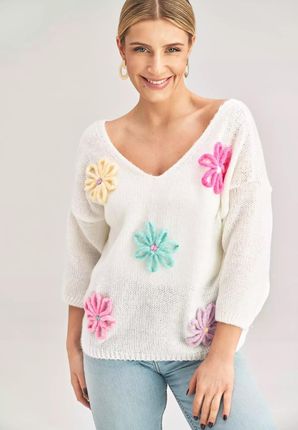 Uroczy sweter z kwiatową aplikacją (Ecru, Uniwersalny)