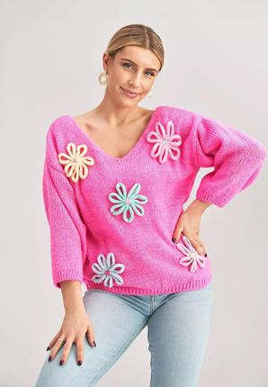 Uroczy sweter z kwiatową aplikacją (Fuksja, Uniwersalny)