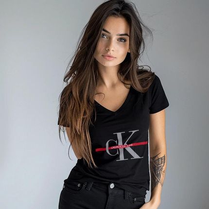 Koszulka Damska Calvin Klein Dekolt V Czarna Pasek CK bawełna black