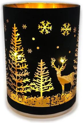 Homms Szklany Lampion Ażurowy Świąteczny Czarno Złoty Z Lasem I Reniferem Mały (Dk01Nb1018)