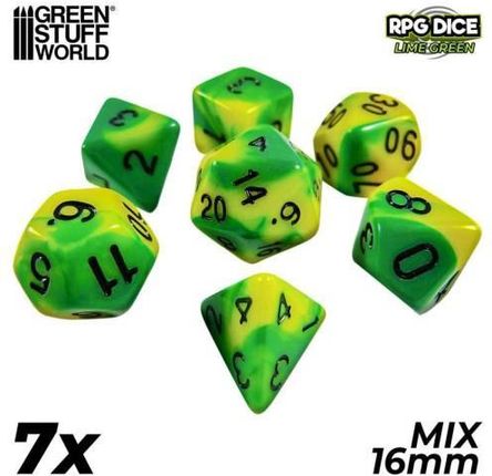 Green Stuff World 7x Mix 16mm Dice - Lime Swirl