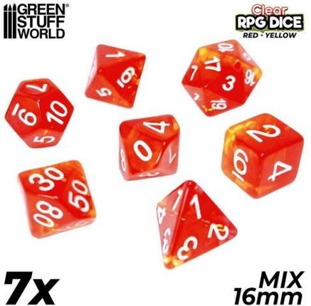 Green Stuff World 7x Mix 16mm Dice - Clear Red/Yellow