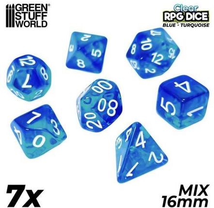 Green Stuff World 7x Mix 16mm Dice - Clear Blue/Turquoise