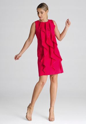 Trapezowa Sukienka z pionowymi falbanami Fuksja roz. XL